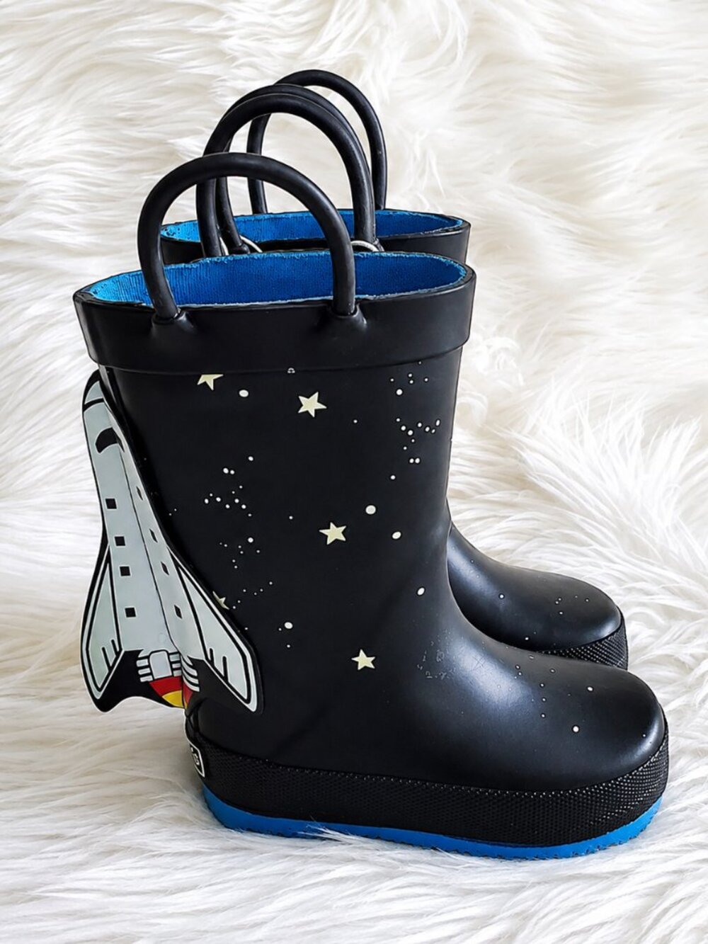 Carter's Kid's Black/Blue 4-D Space Rocket Waterproof Unisex Rain Boots SZ 4